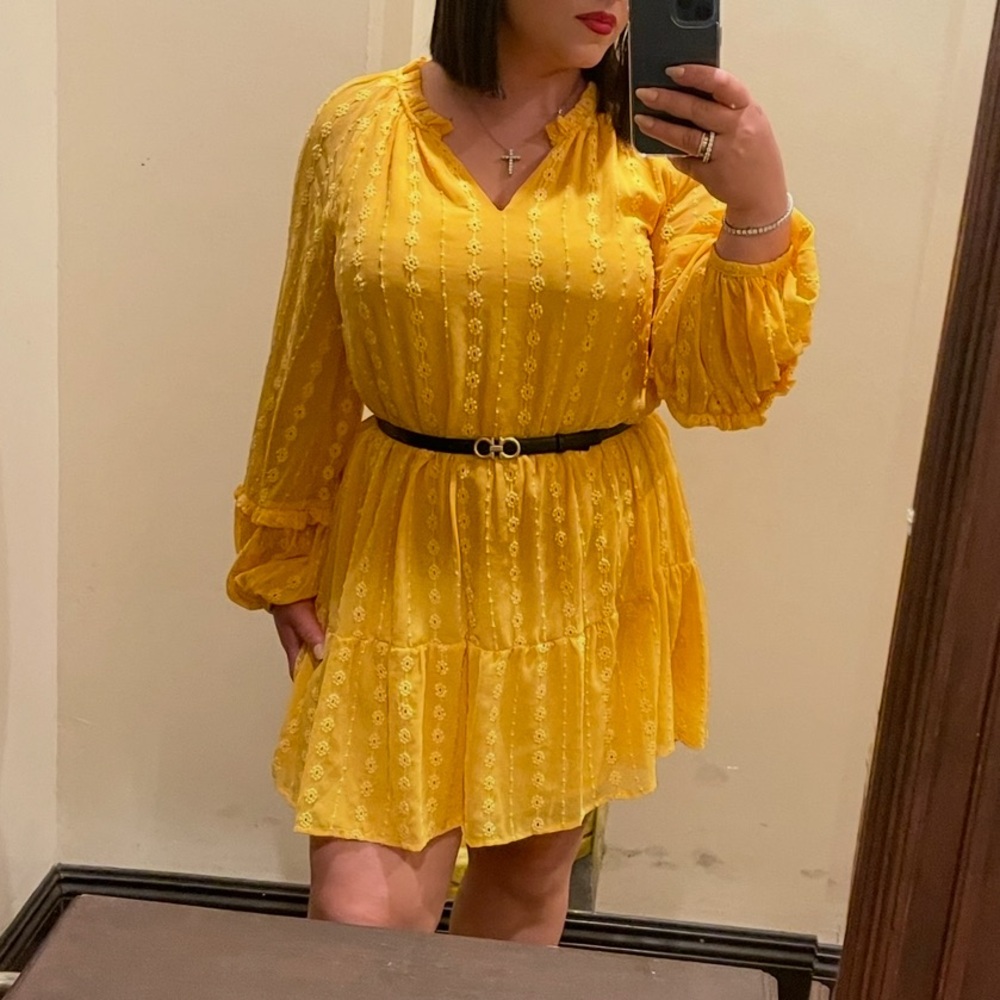 CeCe Yellow Textured Tiered Dress Size M Boho Long Sleeve